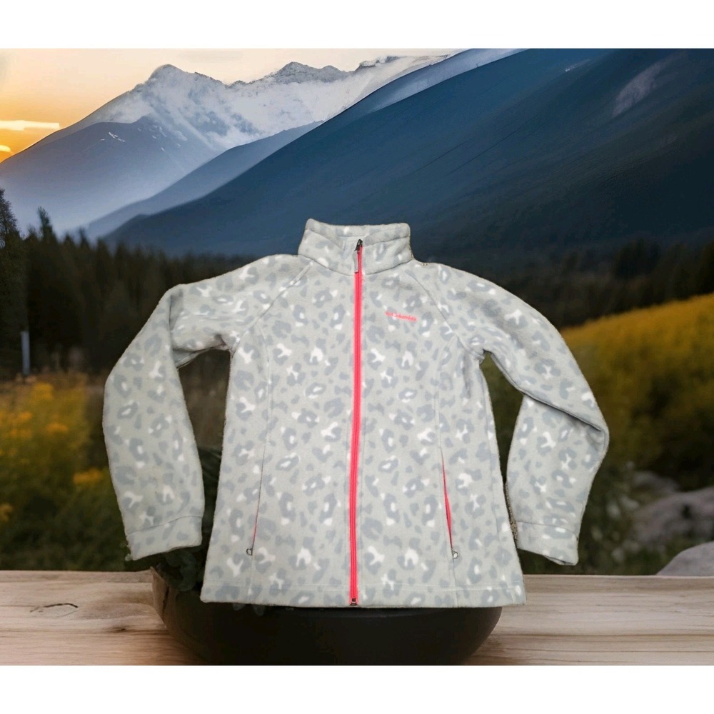 Columbia Fleece Jacket Girls‎ Size 14/16 Grey Leopard Print Excellent Full Zip